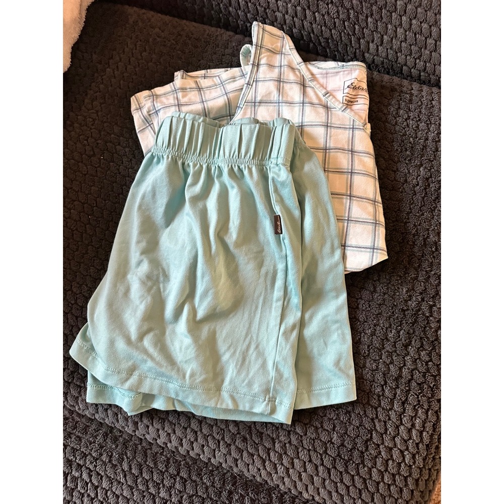 Eddie Bauer Womens Pajama Set Medium Blue Plaid Tank Top and Shorts Sleepwear